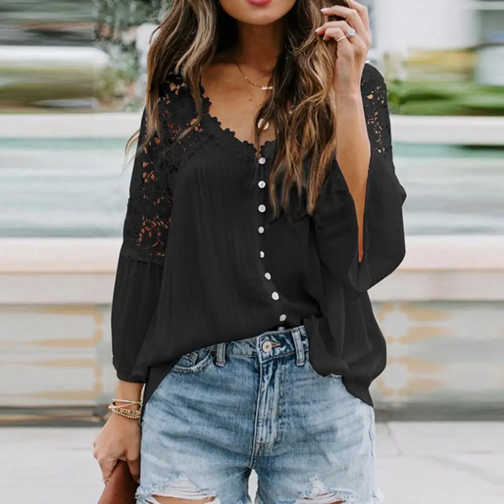 

Lady Shirt Solid Color Women Blouse Hollow Out Lace Stitching Loose Shirt Top