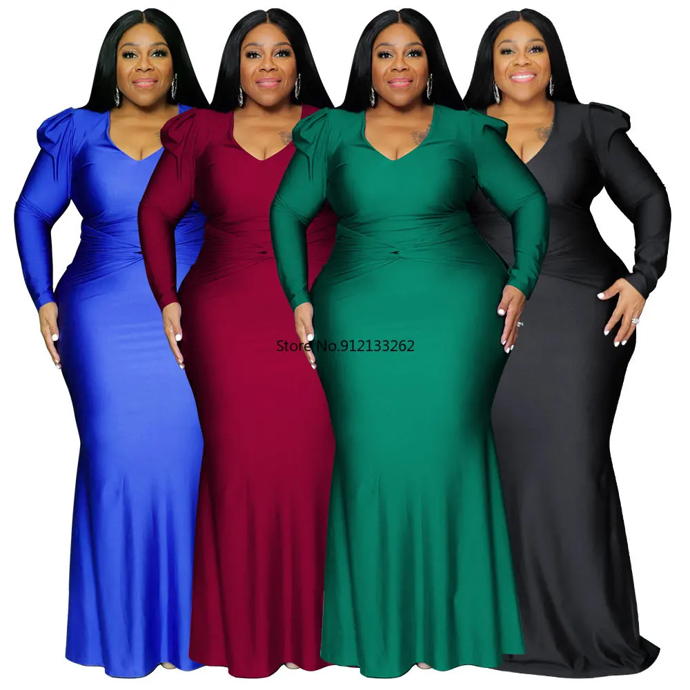 

Платье женское длинное из полиэстера с V-образным вырезом и длинным рукавом