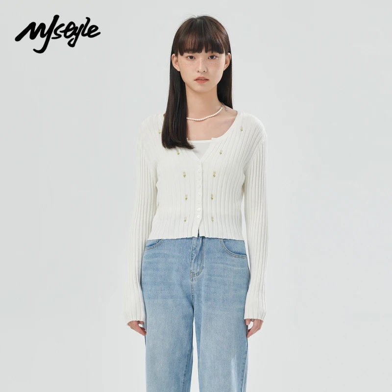 

MJstyle 2022 Spring V-neck Flower Cardigan White Pink Knitwear Korean Street Style INS Fashion 522190024