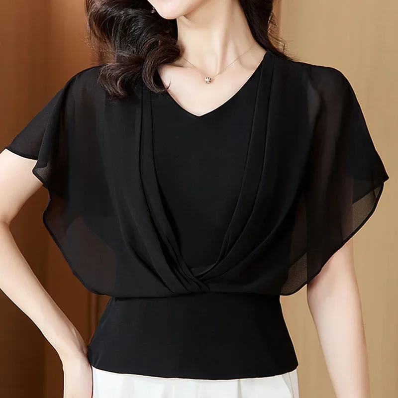 Модная летняя женская блузка с коротким рукавом белая шифоновая v-образным