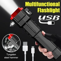 led flashlight with safety hammer work light emergency self rescue broken window torch usb rechargeable tactical light lantern