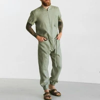 mens jumpsuits linen summer leisure suit summer short sleeve rompers overalls trousers fashion mens joggers