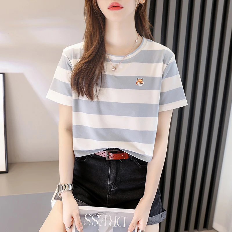 

Summer Women Grid T Shirt Tops Luxury Maison Fox Mascot Embroidery Logo Appliqued Lapel T Shirt Fashion White Black Short Sleeve