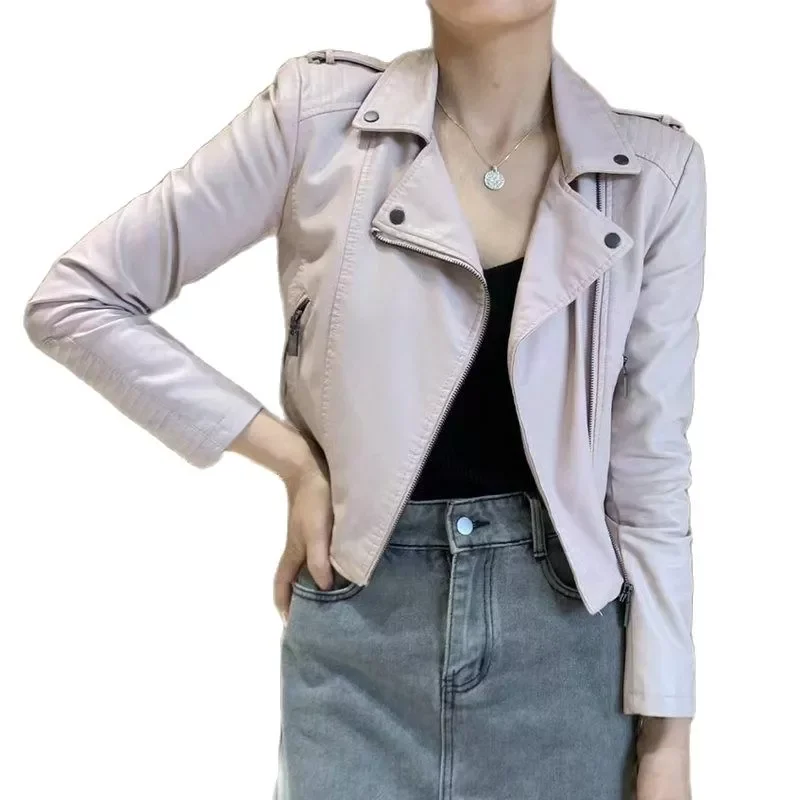 

Free shipping New Spring Autumn Fashion Women Casual Slim Fit Short Faux Leather Jackets Female Pink Black Long Sleeve Vintage P