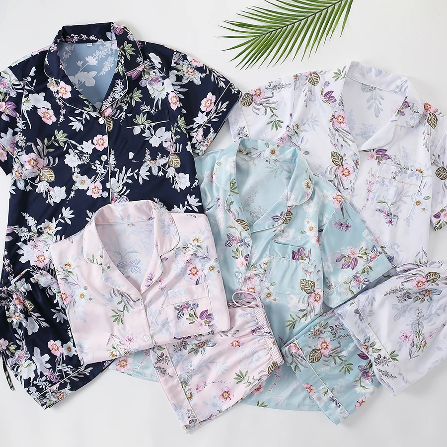 2022 Floral Pajamas Sets Silk Satin Flower Girl Pajama Spring Autumn Short-sleeve Cardigan Set Fashion Ice Silk Home Clothing