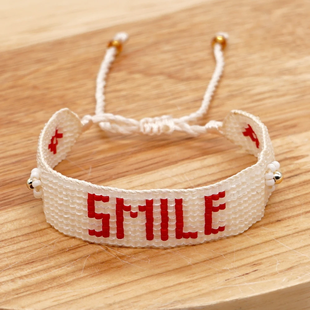 

Go2BoHo Miyuki Seed Beaded Bracelet Fashion Jewelry Smile Lettering Woven White Daisy Flower Bracelets Jewellery Gift for Women