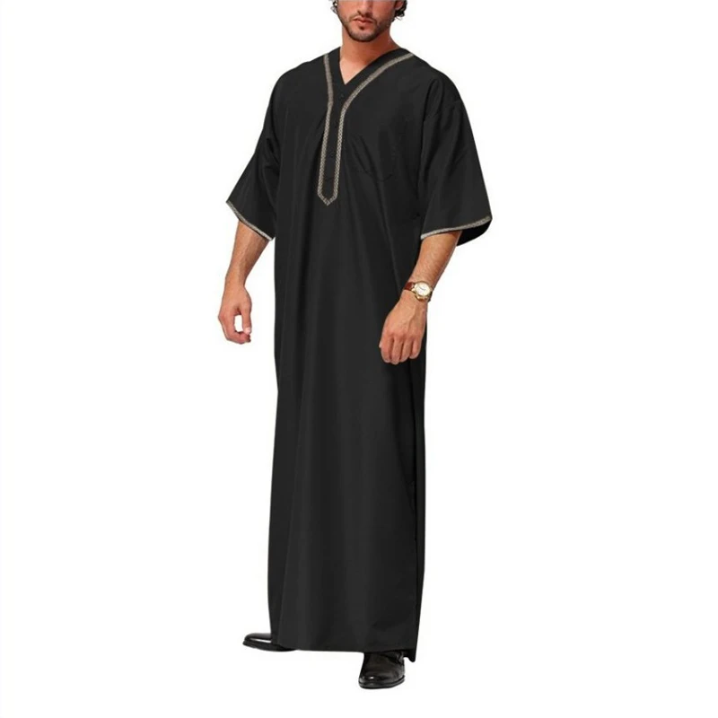 Islamic Clothes Arabic Kaftan Solid Color V Neck Muslim Robes Men Loose Casual Dubai Abaya Jubba Thobe 5XL Ramadan Husband Gift