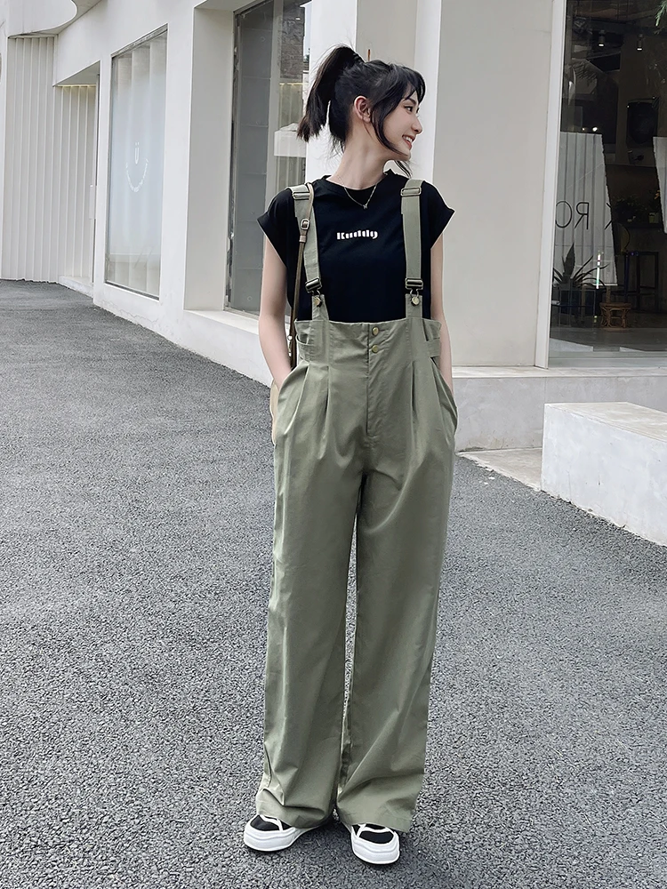 

2022 Summer High Waisted Strap Cargo Pants Women Streetwear Vintage Hip Hop Chic Loose Casual Wide Leg Overalls Bib Trouser 0208