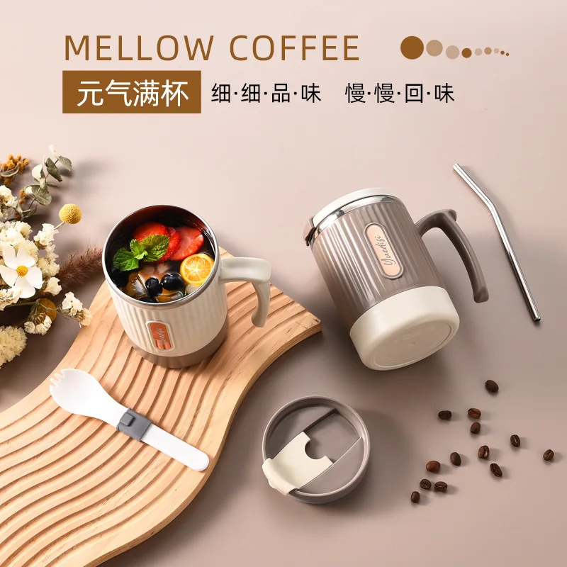 

Stainless Steel Double Mug with Folding Spoon Portable Casual Cup with Lid