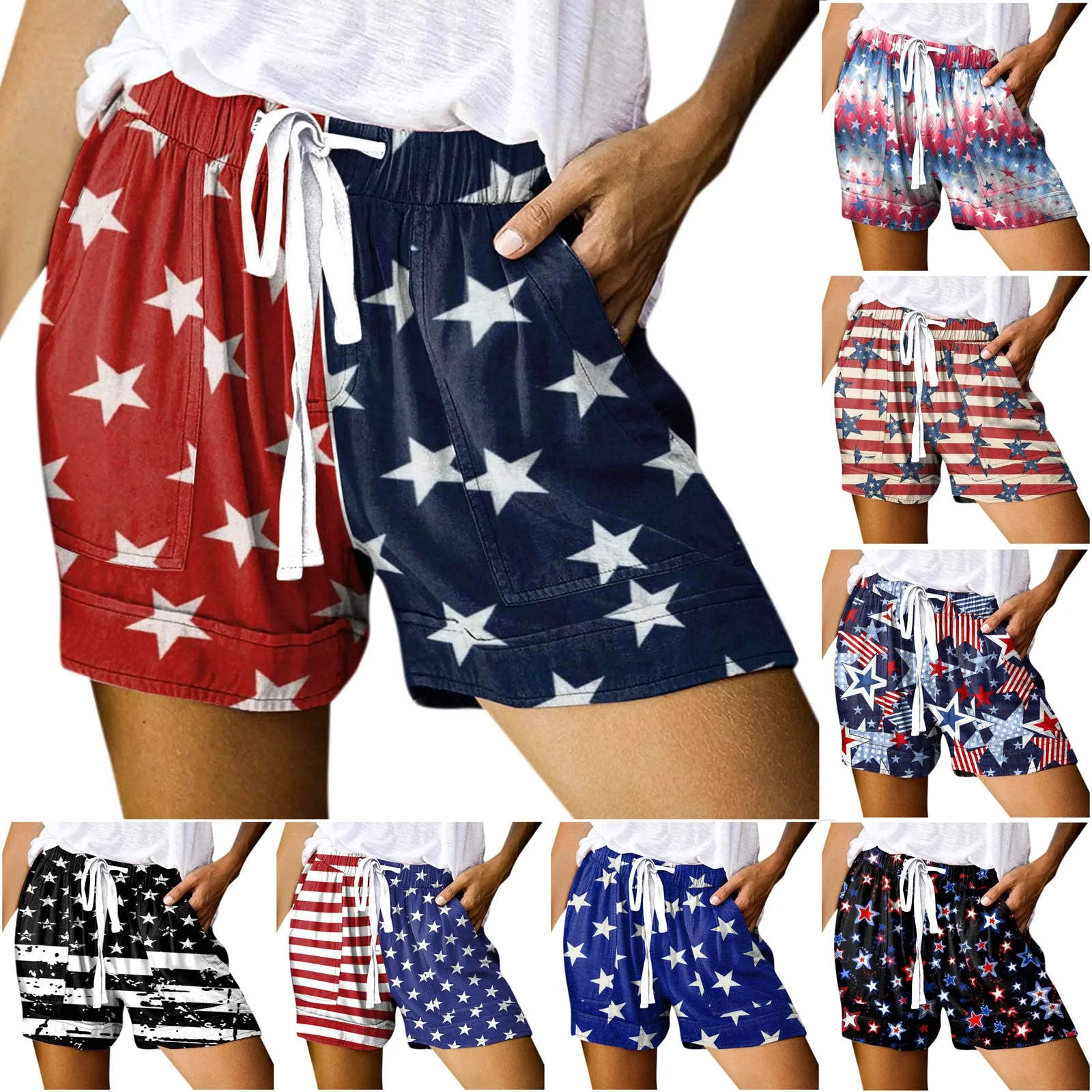 

2022 New Women's Shorts Summer Independence Day Print Casual Shorts Elastic Mid Waist Short Fashion Woman Streetwear Short Pant