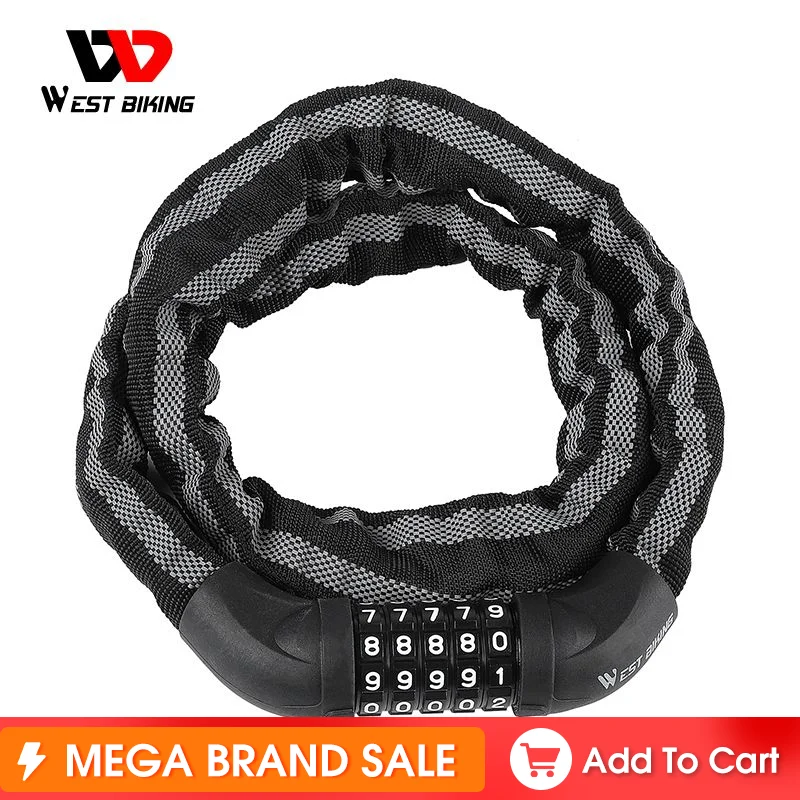

WEST BIKING Bicycle Chain Lock 5 Digit Password Safety Reflective Lock Anti-theft Alloy Motorcycle MTB Road Bike Universal Lock