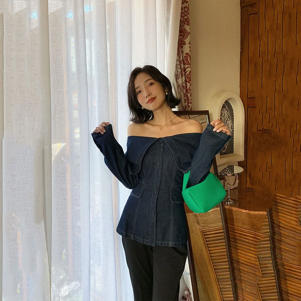 Женские джинсовые рубашки с открытыми плечами модная блузка длинным рукавом