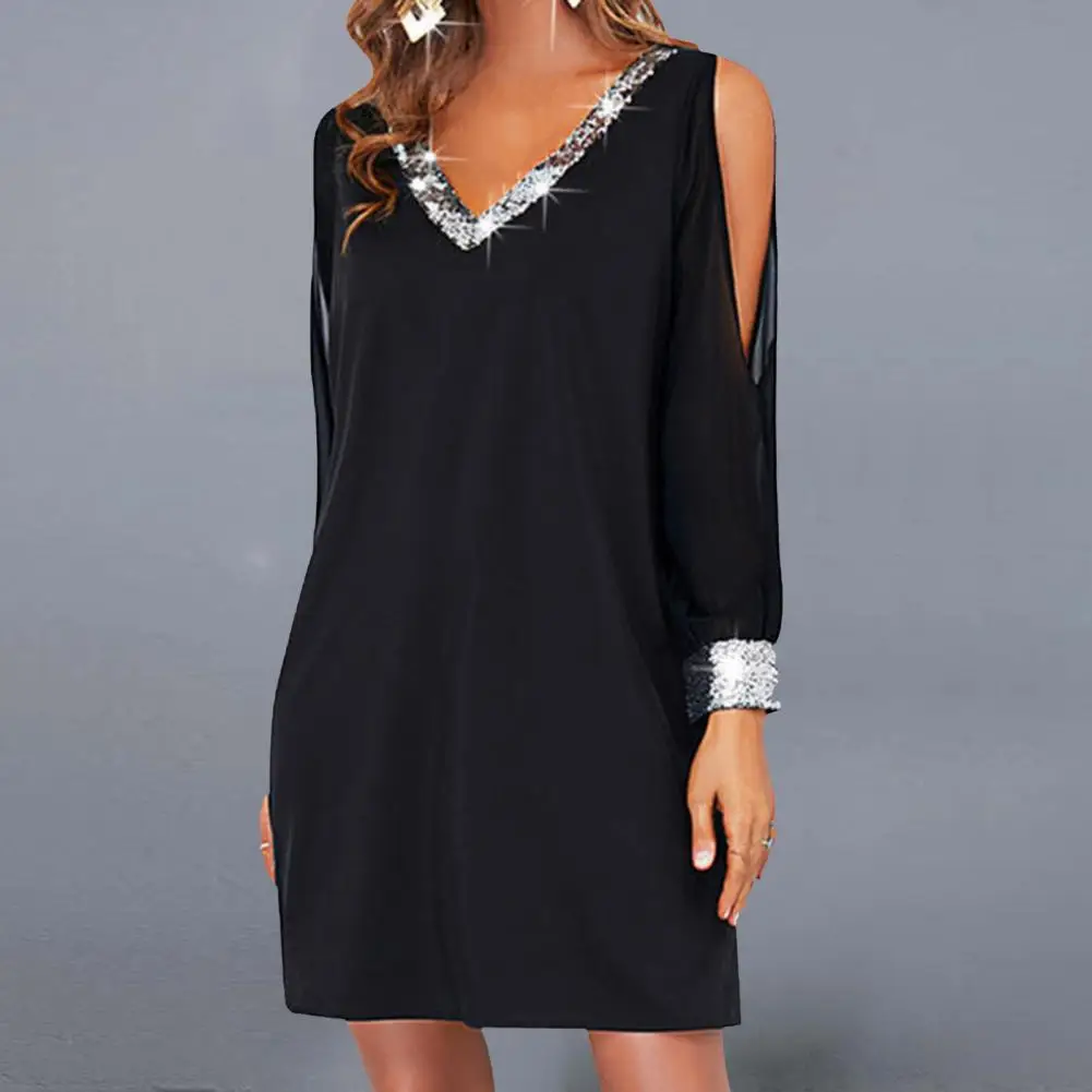 

Chic Party Dress Solid Color Long Sleeve Super Soft Casual Loose Patchwork Party Dress