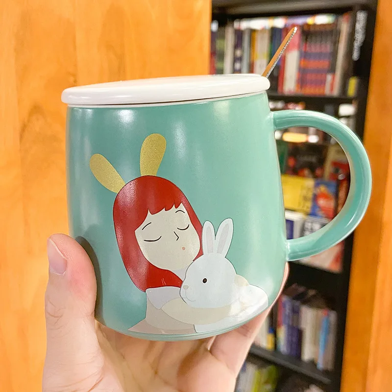 

Hand Drawn Animated Character Mugs Simple and Colorful Ceramic Cup Creative StarBuck Style Coffee Cup with Cover and Spoon