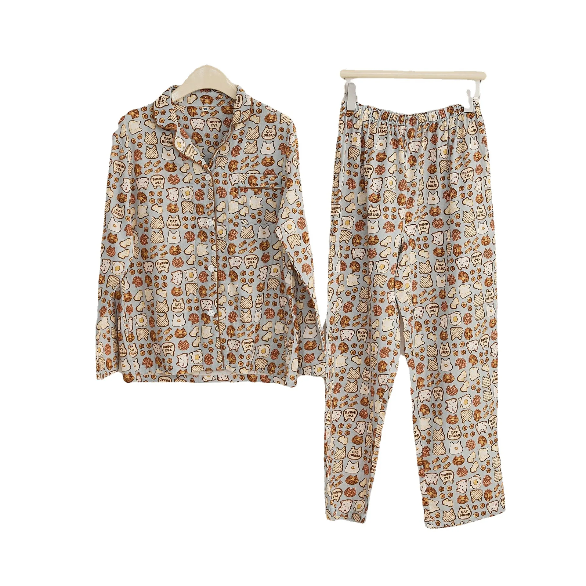 Nordic niche pure cotton pajamas men's and women's thin style gauze long-sleeved couple home clothes set spring and autumn soft