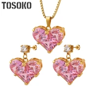 tosoko stainless steel jewelry exaggerated heart shaped inlaid zircon pendant earring necklace womens sweet suit bsp456 f078