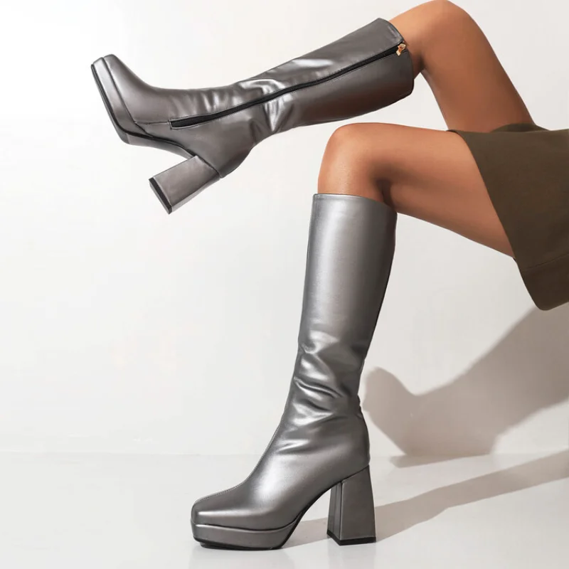 

Зимние женские сапоги до колена, женские сапоги на платформе и высоком устойчивом каблуке, кожаные сапоги с боковой молнией, женская обувь, ...