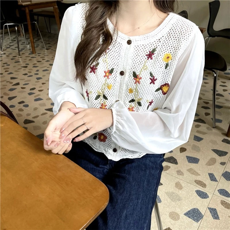 

MXMB Women Chiffon Puff Long Sleeve Cropped Cardigan Hollow Out Crochet Mesh Button Down Jacket Embroidery Floral Loose Shirt
