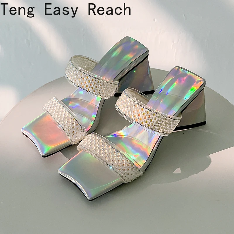 

2022 New Summer sandals CRYSTAL Triangle Thick heel Slippers Sexy Street Woman Square toes Dress Party shoes silver size 33-43