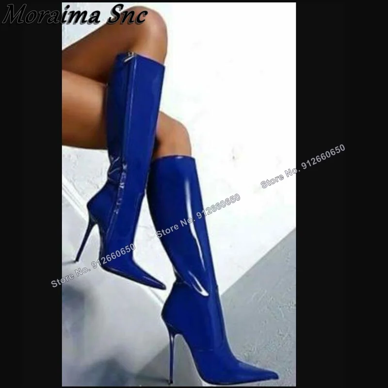 Moraima Snc Solid Blue Patent Leather Boots for Women Zipper Pointed Toe Knee High Boots Thin High Heels Runway Zapatillas Mujer