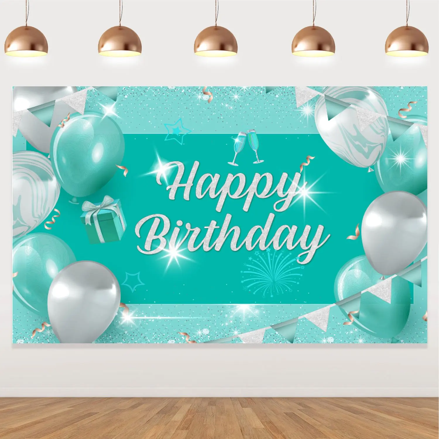 

Happy Birthday Backdrop Banner Teal Blue and Silver Birthday Photography Background Photo Prop for Women Girls Birthday Supplies