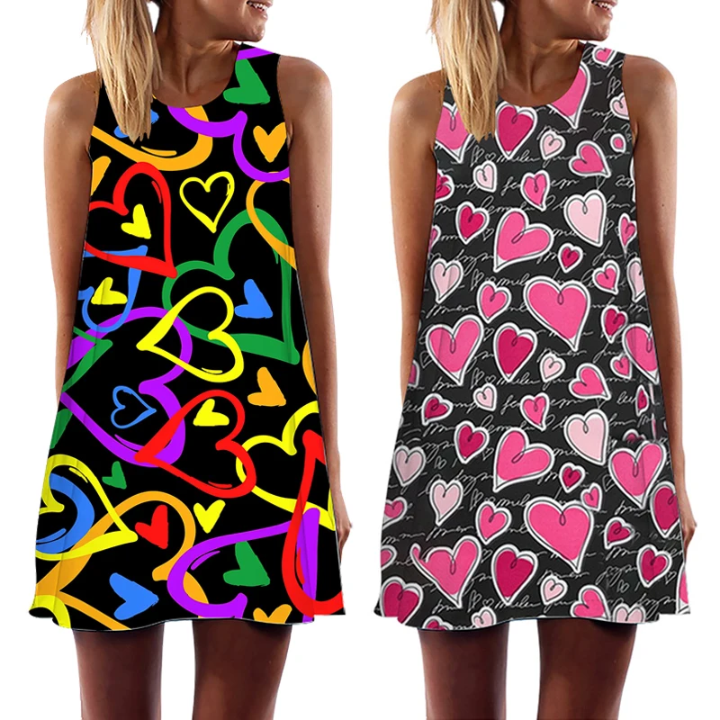 

Summer Love Heart Print Tunic Tank Mini Dress for Women Female Party Beach Sundress Loose O-Neck A-Line Sleeveless Dress Vestido