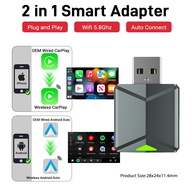 

2025 Новый мини-адаптер Wired to Wireless CarPlay 2 в 1 Android Auto Smart Box Plug and Play Автоматическое подключение Обновление OTA Универсальное