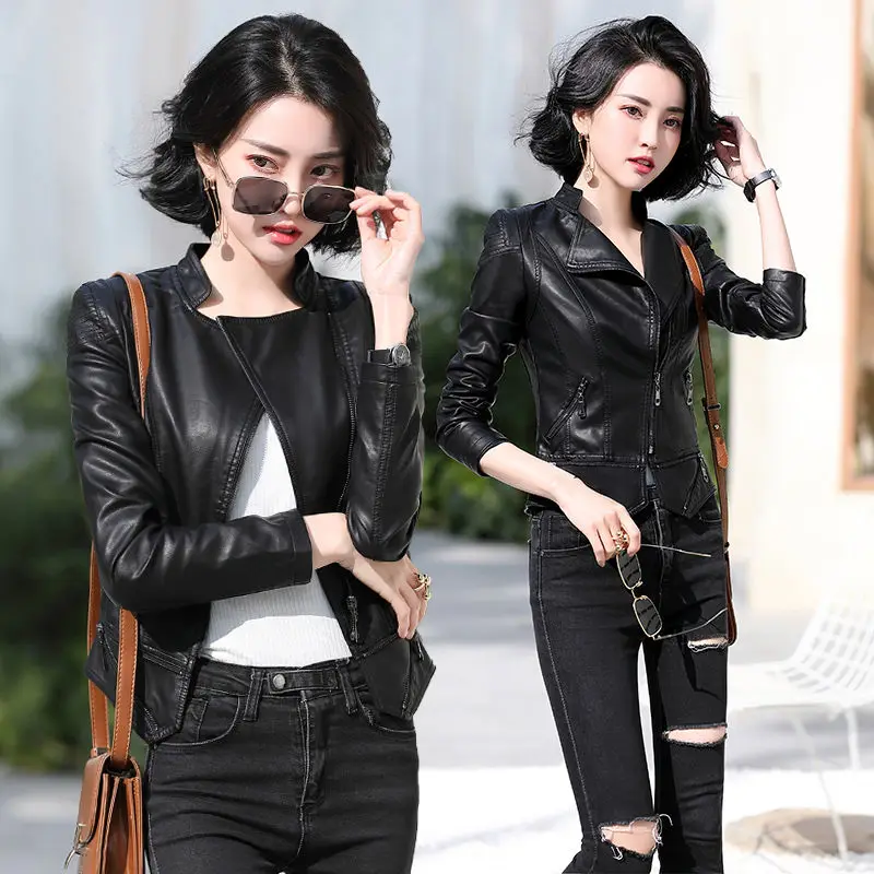 Spring Autumn Fashion Wromen Leather Jacket 2022 New Short Solid Women Jacket Lapel Long Sleeve Women Leather Jacket A54