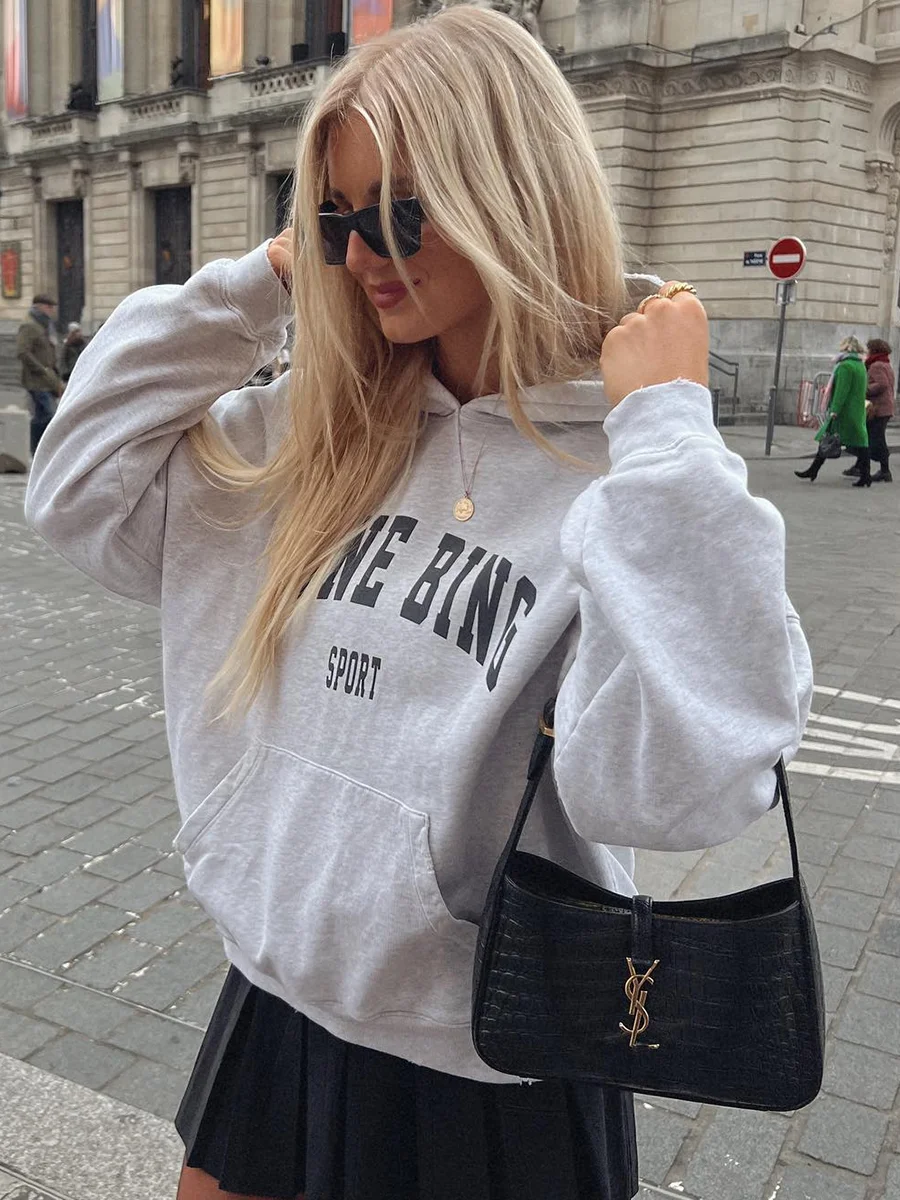 

Fashion Letter Printed Hooded Pullovers Women Autumn Long Sleeve Pockets Loose Cotton Hoodie Female Streetwear Casual Sweatshirt