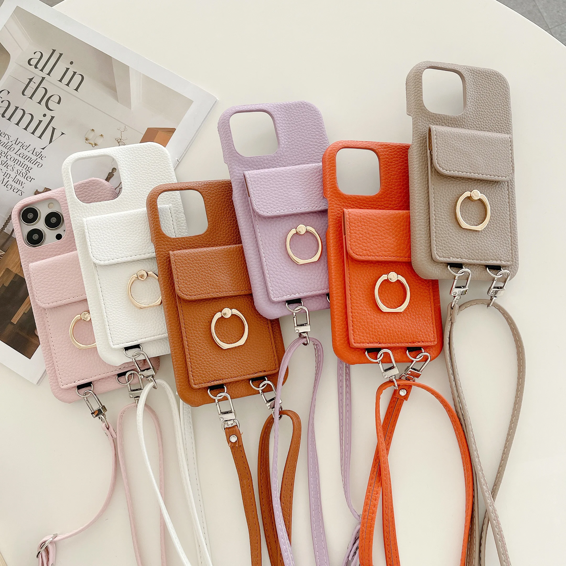 

Luxury Crossbody Finger Ring Case For iPhone 14 Pro Max 11 13 12 Mini XR XS Max 7 8 Plus Removable Leather Lanyard Wallet Cover