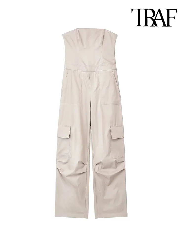 TRAF Women Fashion With Pockets Strapless Cargo Jumpsuit Vintage Straight Neck Side Zipper Female Playsuits Mujer