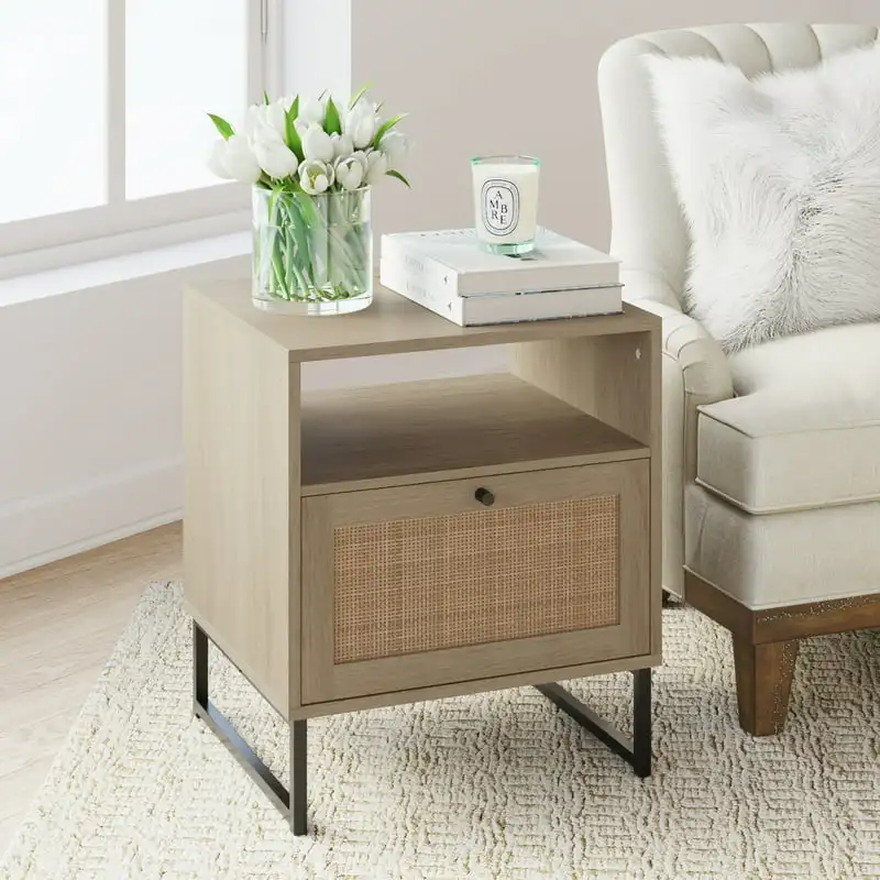 

Mina Natural Oak Wood Black with Storage Living Room End Table or Bedroom Nightstand