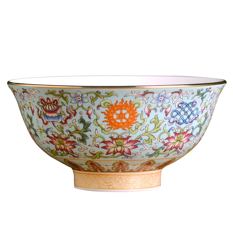 

5.5-Inch Enamel Tibetan Auspicious Eight Treasure Bowl Chinese Household Bone China Rice Porringer Antique Bowl