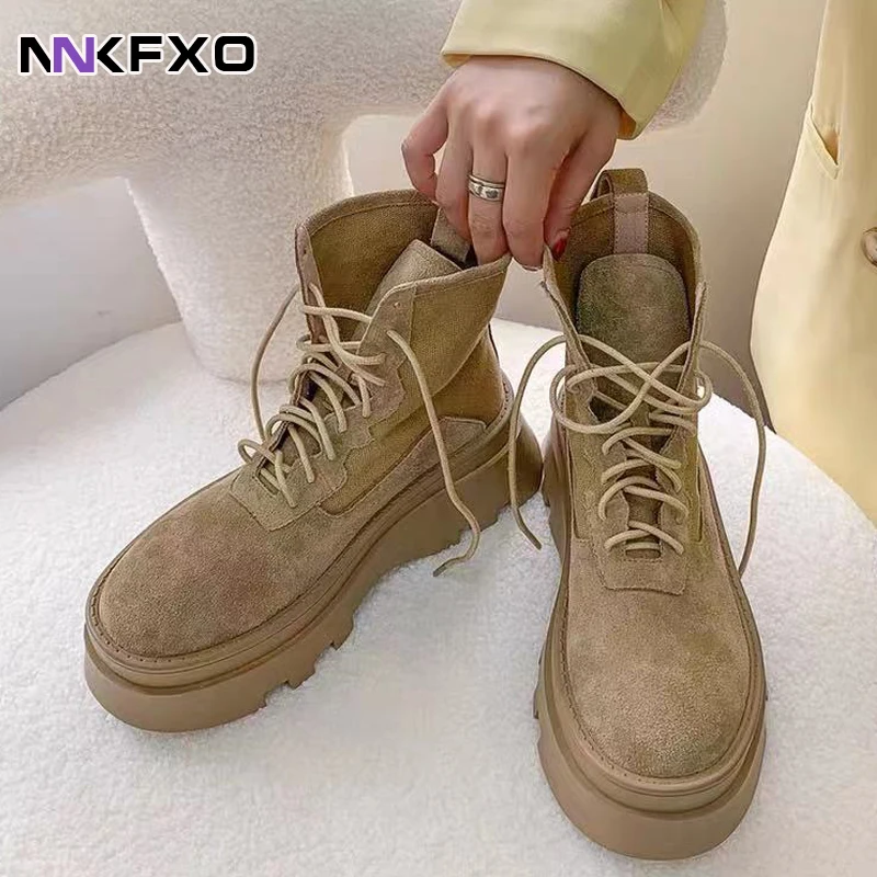 

Botas Mujer Faux Suede High Top Shoes Woman Big Size 35-40 Thick Flat Ankle Booties Women Lace-Up Military Crepe Boots vc4797