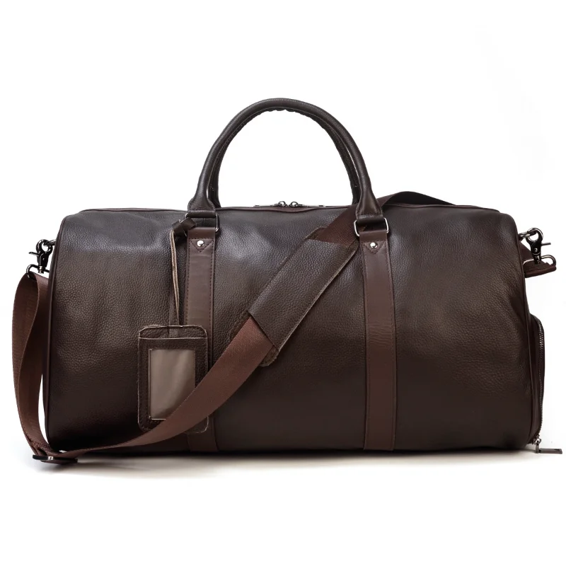 

Men's retro leather travel bag Black fitness bag with shoes cylinder handbag Top layer cow leather messenger bag
