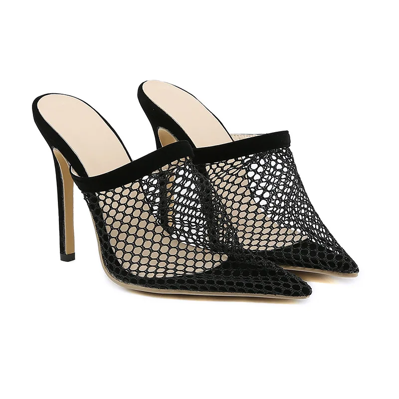 2023 European  American Style Classic Fashion Breathable Mesh Pointed Heel Empty Slippers Women's Stiletto Sandals