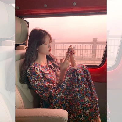 

2022Retro romantic summer French chiffon solid color cotton dress female summer new long-sleeved long skirt floral