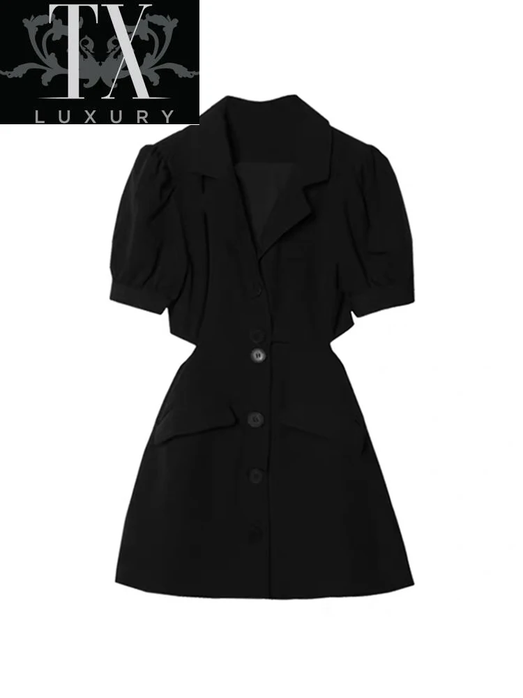 

Sexy Black Women's Summer Korean Chic Hollow Out Puff Sleeve Slim V-neck Button Mini Party A-line Dress Mujer Office Lady