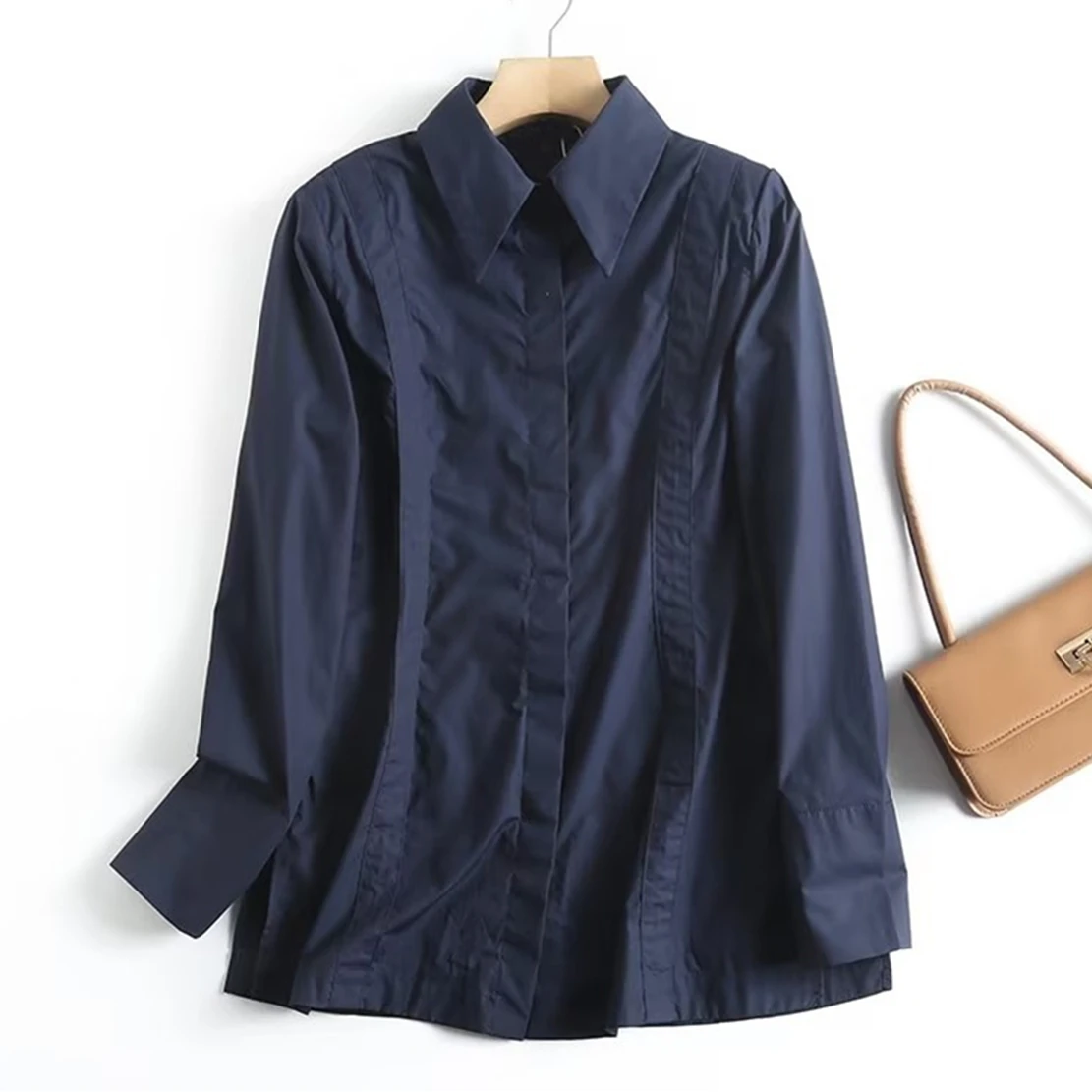

Elmsk Navy Cotton Vintage Splicing Slim Shirt Casual Blouse Women