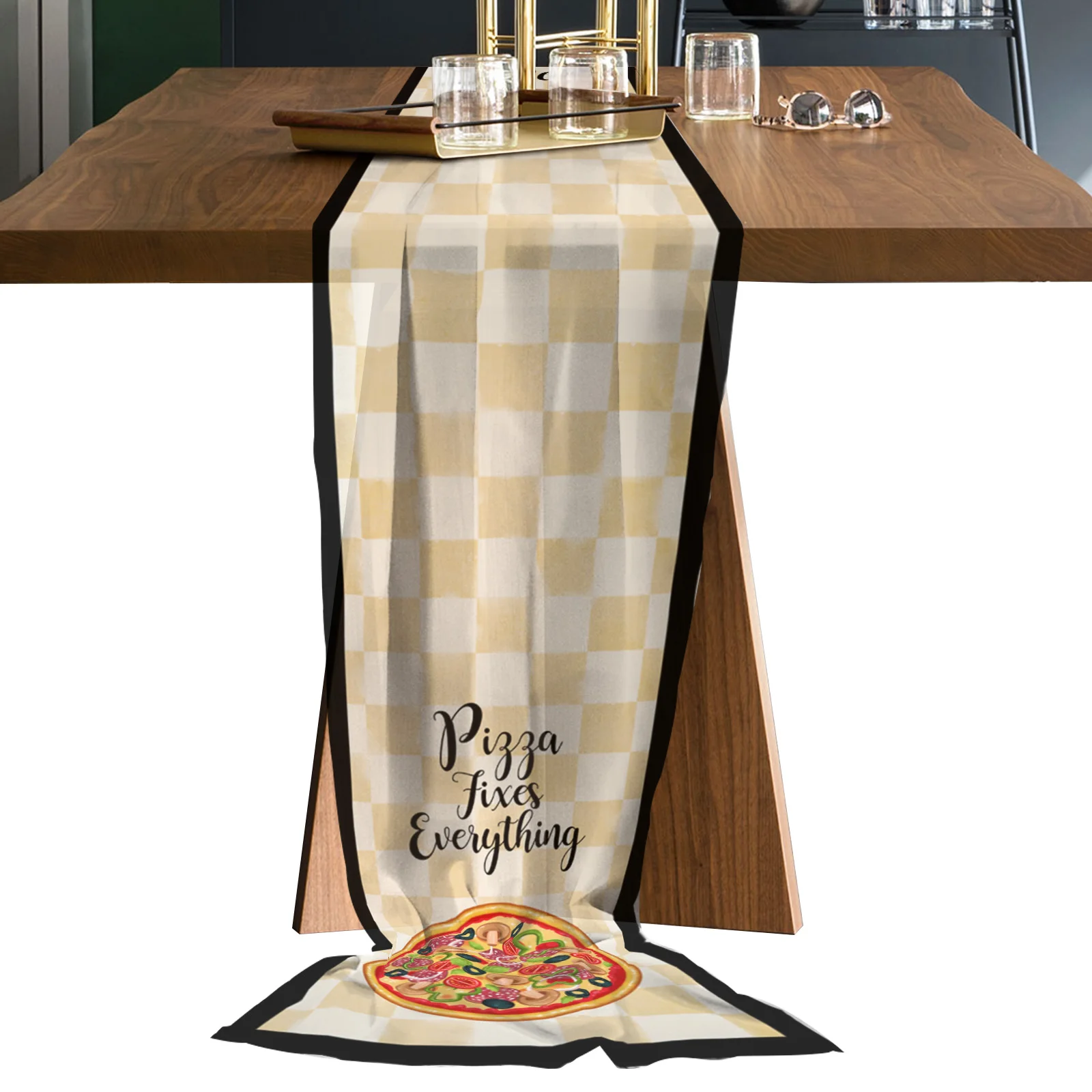 

Checkered Pizza Border Retro Long Chiffon Voile Table Runner Printed Tablecloth for Wedding Coffee Table Sheer Table Runner