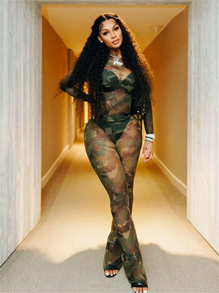 

Женский костюм из двух предметов, прозрачный летний костюм с сетчатым принтом, Топ с длинным рукавом и круглым вырезом и брюки-клеш, 2023