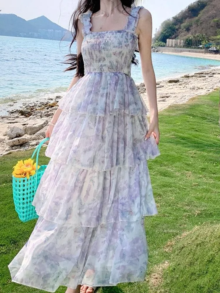 

Женское шифоновое платье-трапеция без рукавов, элегантное приталенное платье во французском стиле с цветочным принтом и оборками, длинное пляжное платье