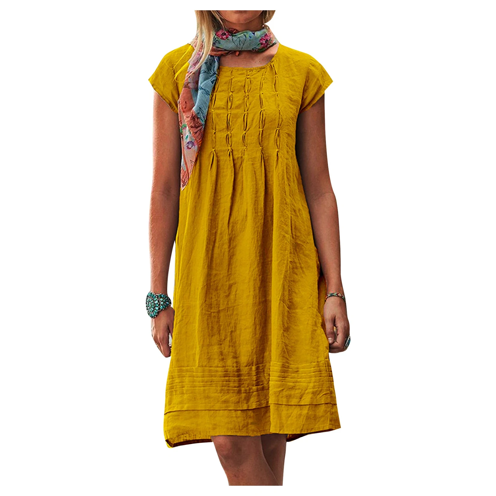 

Повседневная однотонная трапециевидная юбка с U-образным вырезом и короткими рукавами, платье средней длины, яркое приталенное платье, Нови...