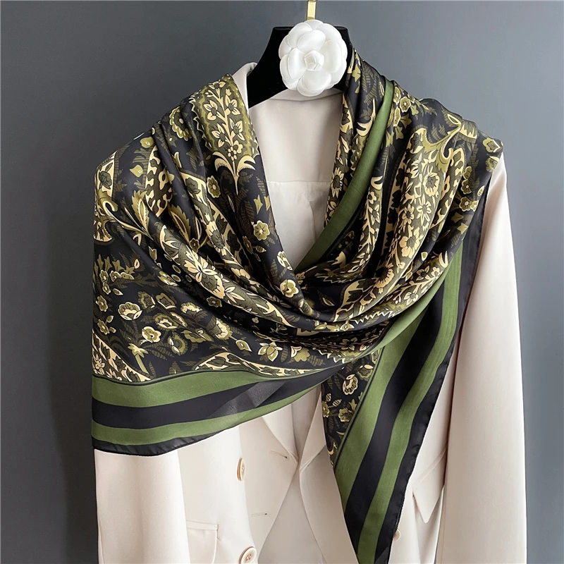 

2022 Luxury Brand Silk Square Scarf Women Design Print Satin Shawl Neckerchief Female Hijab Head Wrap Beach Stoles Bandana