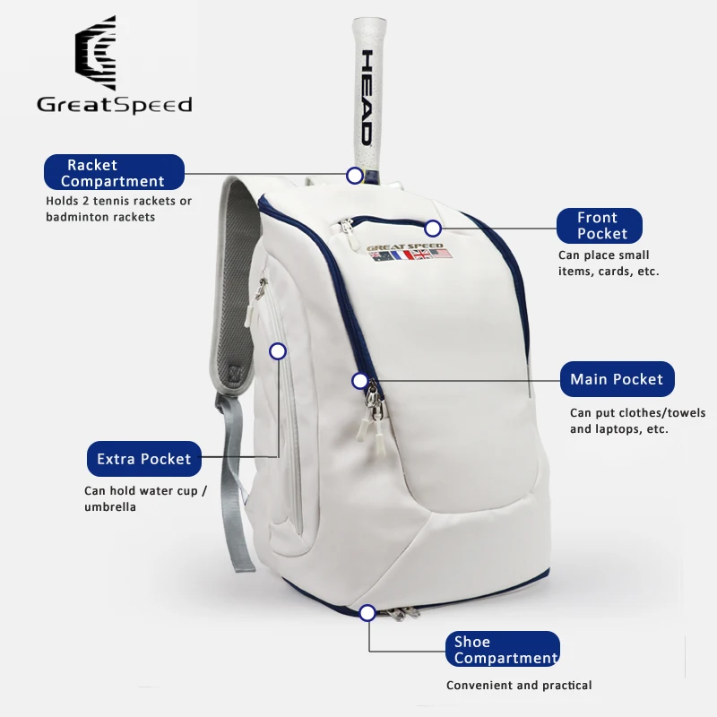 Greatspeed Tennis Racket Backpack Large Capacity with Shoe Compoment Tennis Badminton Bag Travel Business Backpack