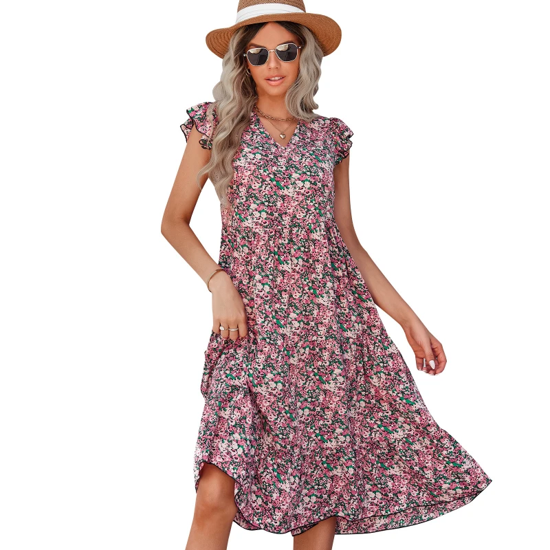 

2022 Summer New V-neck Lotus Leaf Sleeve Floral Dress Long Dress Vestido Feminino Ropa Mujer Talla Grande