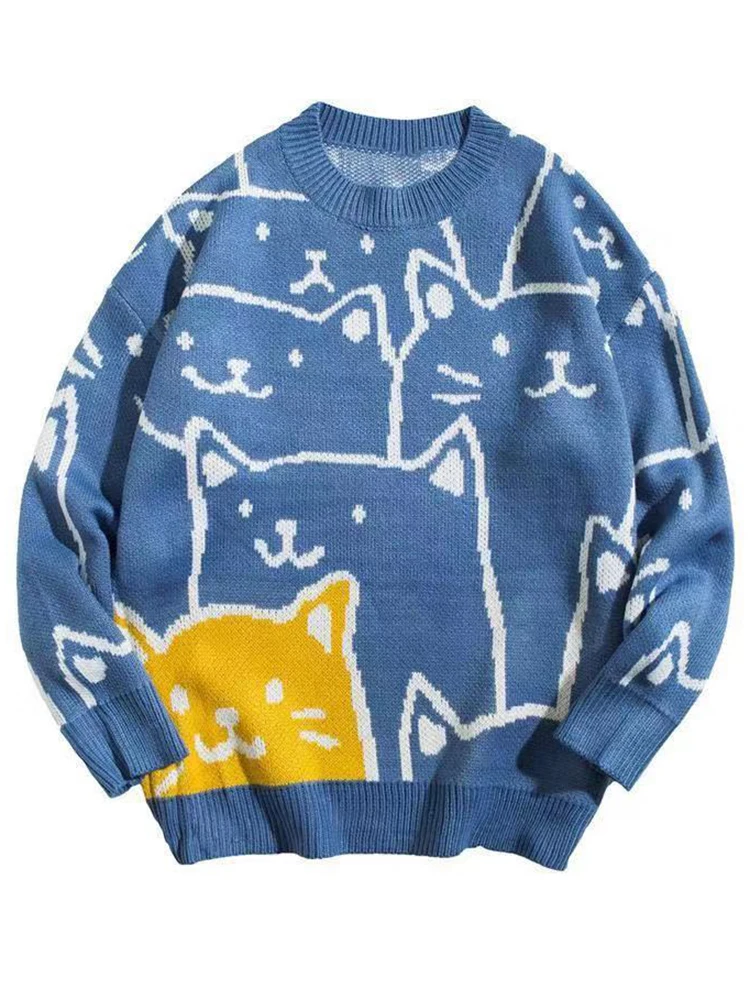 

Cartoon Cat Sweater Women Pullover Knitted Female Oversized Loose Jumper Preppy Style Ladies Long Sleeve Top Jersey Mujer
