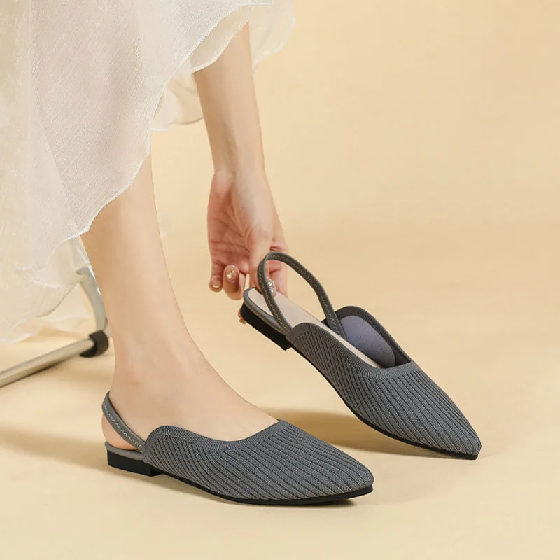 

2023 New Women's Singles Shoes Fashion Pointed Toe Slingback Heels Design Knitted Fabric Pumps Daily Flats Slip-on Casual Shoes