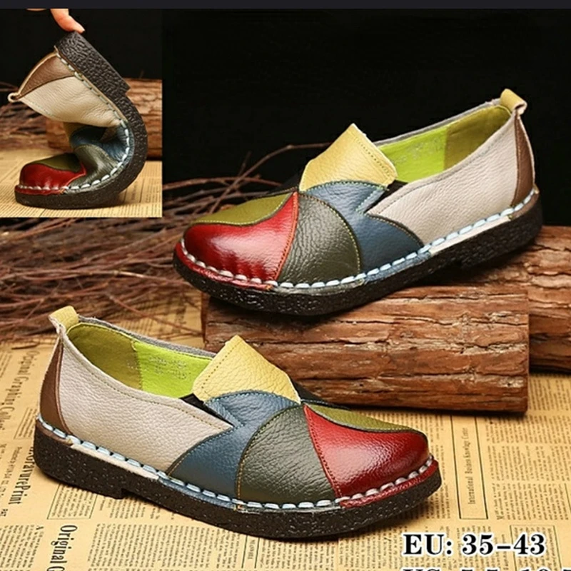 Women Leather Loafers Slip on Sewing Flat Shoes Platform Ladies Patchwork Fashion Casual Female Comfort Shoes PU Leather Flats