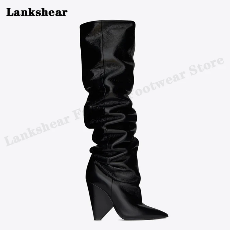 Long Tube Shaped Heel Pointed Toe Boots Horse Oil Leather Women's Shoes with Folds Car Stitching Flanging Elastic Boots Size 45